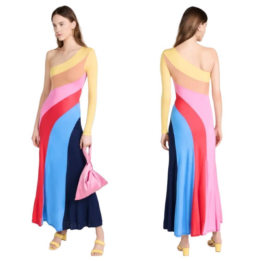 STAUD Dress Serena Maxi One Shoulder Sleeve Colorblock Stripe Capri Multi S